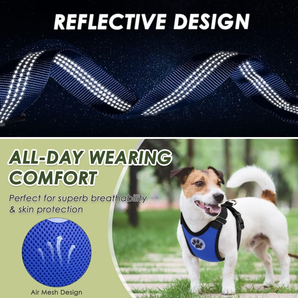 Dog Car Harness Seat Belt, Adjustable Mesh Breathable Vest with Elastic Bungee Tether, Soft Padded 2-In-1 Safety Car Harness Seatbelt for Small Medium Large Dogs (Blue,M)
