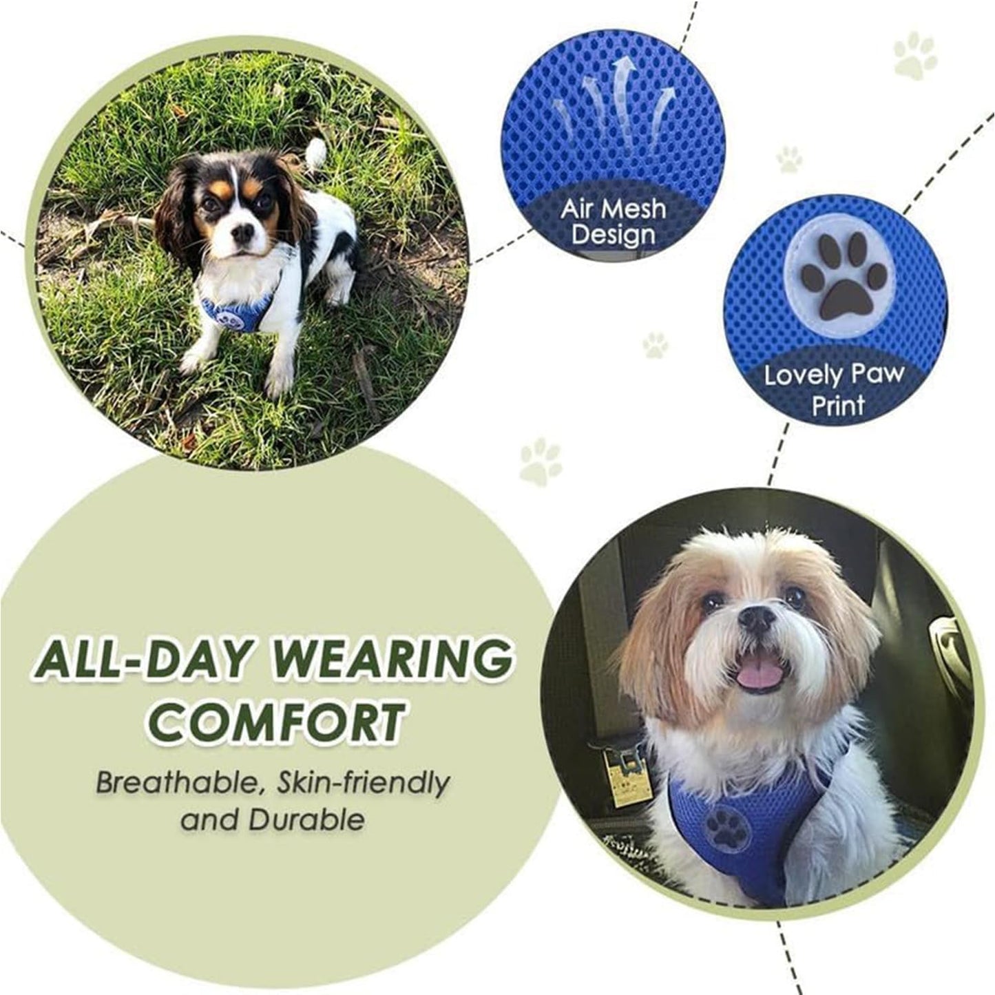 Dog Car Harness Seat Belt, Adjustable Mesh Breathable Vest with Elastic Bungee Tether, Soft Padded 2-In-1 Safety Car Harness Seatbelt for Small Medium Large Dogs (Blue,M)