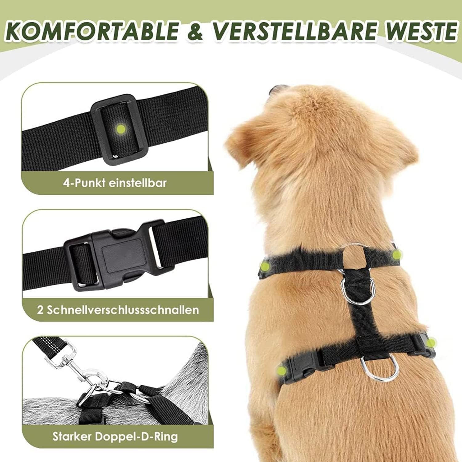 Dog Car Harness Seat Belt, Adjustable Mesh Breathable Vest with Elastic Bungee Tether, Soft Padded 2-In-1 Safety Car Harness Seatbelt for Small Medium Large Dogs (Blue,M)