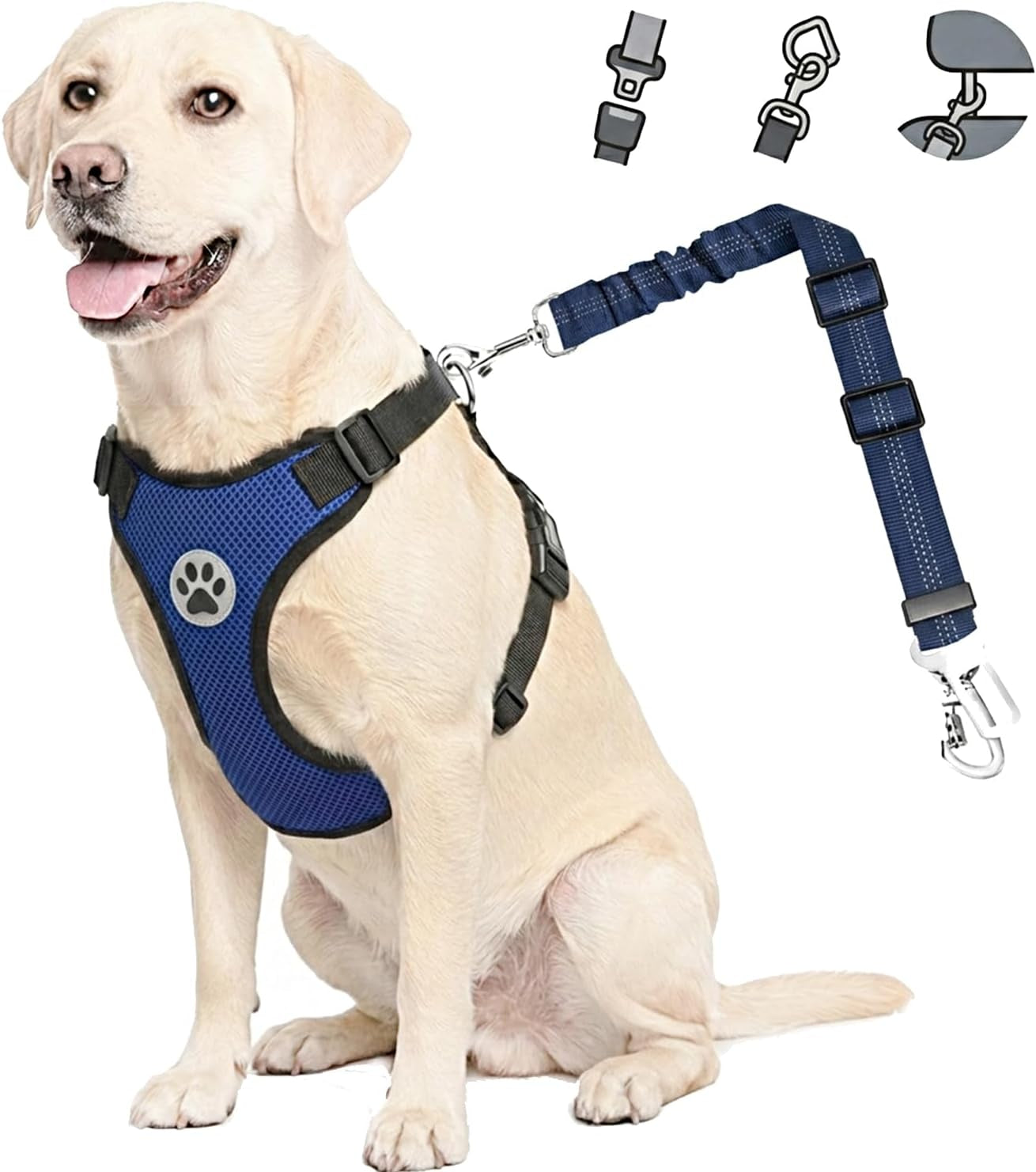 Dog Car Harness Seat Belt, Adjustable Mesh Breathable Vest with Elastic Bungee Tether, Soft Padded 2-In-1 Safety Car Harness Seatbelt for Small Medium Large Dogs (Blue,M)