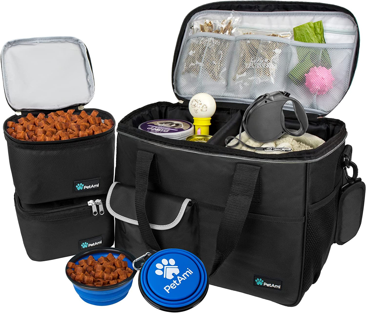 Dog Travel Bag Organizer, Pet Travel Kit with 2 Food Containers & 2 Collapsible Dog Bowls, Pet Supplies Tote with Luggage Sleeve, Weekend Road Trip Camping Essentials, Black, Medium